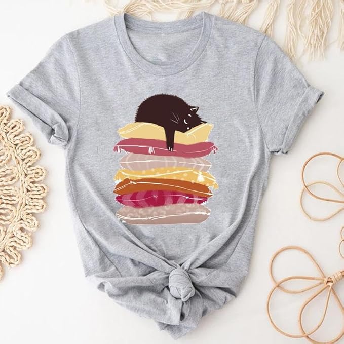 Womens Vintage Graphic Tee Shirt Cat Print Short Sleeve Loose Tunic Tops Gothic Oversized Punk Baggy Shirts