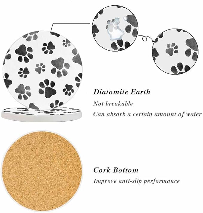 oFloral Dog Paws Cute Coasters for Drinks Animal Grey Footprints Cups Place Mats for Home Decor Set of 2, 4 Inch