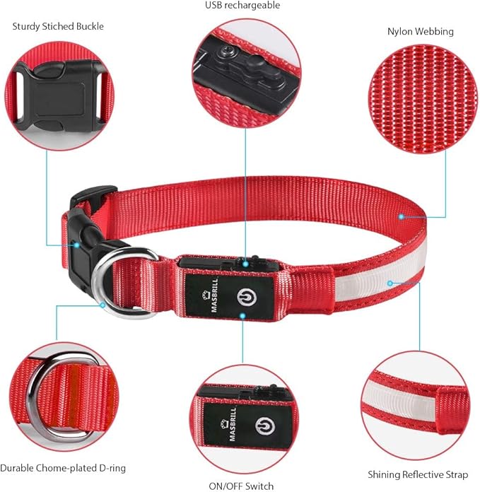 MASBRILL LED Dog Collar - Light Up, Rechargeable, Waterproof, Glow Collar for Small to Large Dogs