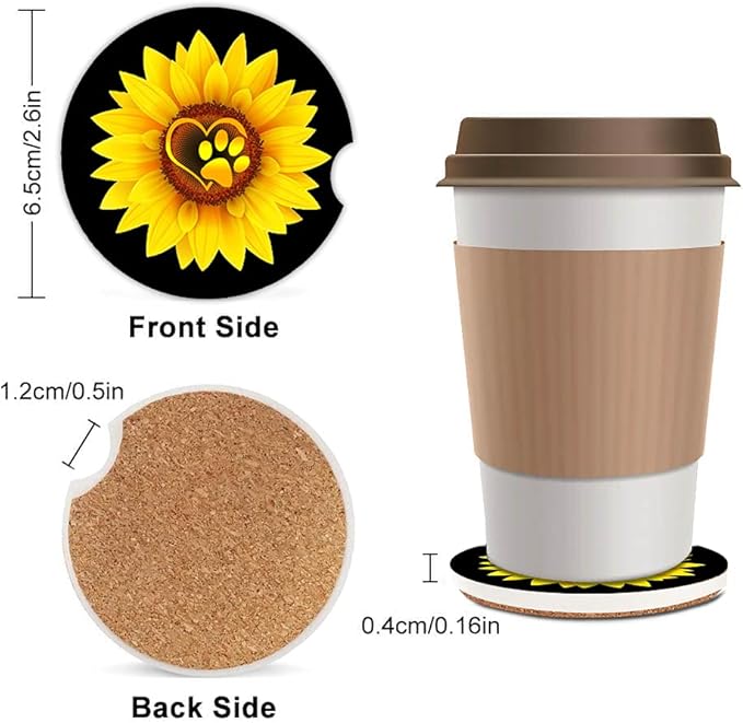 Ceramic Cup Holders Car Coasters for Women/Men,Cute Love Pattern Absorbent Drink Cup Car Holder Coasters with A Finger Notch 2.56" Pack of 2,Sunflower Dog Paw