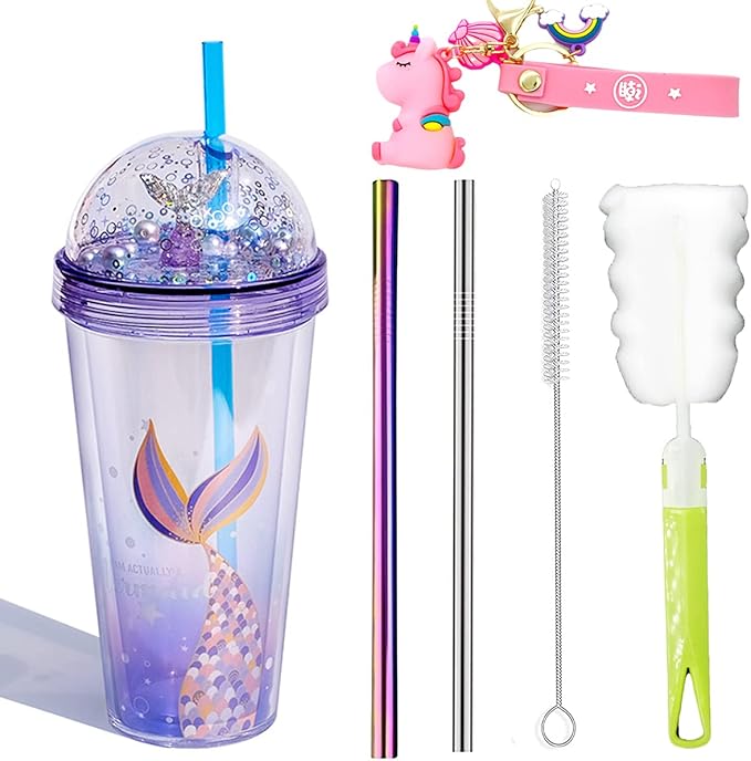 Mermaid Travel Tumblers Cups with Straw Party Cup Sparkle Water Bottle Ice Coffee Mugs Birthday Gift (mermaid 2, 420 ml)