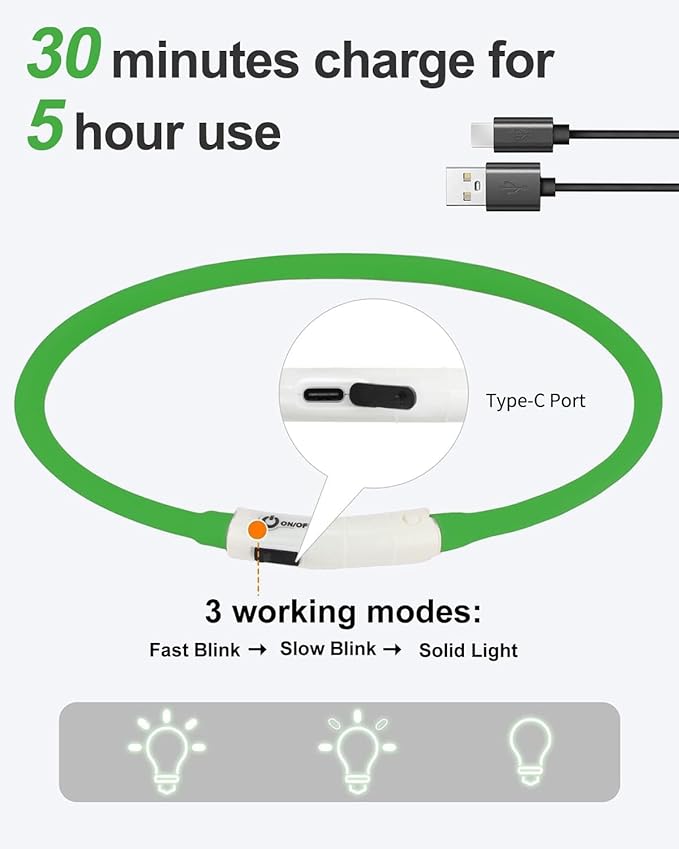 Joytale Light Up Dog Collar, Rechargeable Rainproof LED Collar for Night Walking Safety, Soft Silicone Glow in The Dark, Suitable for Small Medium Large Dogs, Green