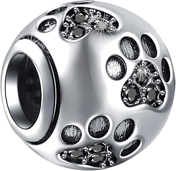 EMOSTAR Dog Paw Print Charms with Various Birthstone Crystals, 925 Sterling Silver Pawprint Beads for 3mm Snake Chain, Pet Lover Gifts for European Women Bracelet