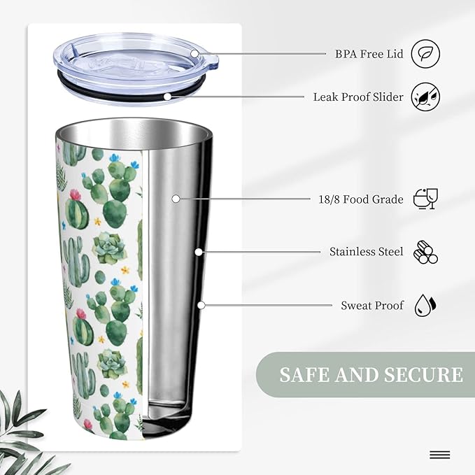 Cactus Tumbler with Lid and Straw, 20 Oz Stainless Cup Steel Insulated Water Bottle Travel Coffee Mug