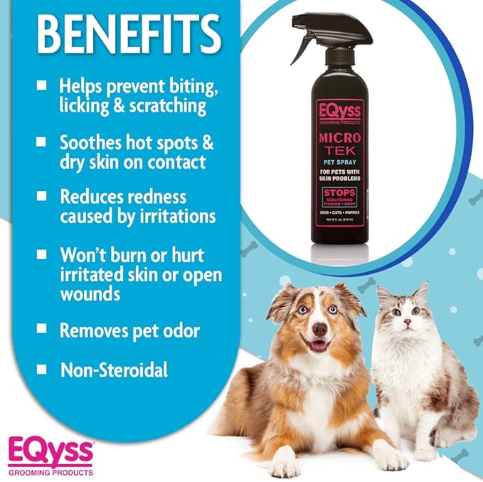 EQyss Micro-Tek Pet Itch Relief Spray - Soothes Dry Irritated Skin, Stops Itching, Scratching, Biting, Licking Hot Spots - for all Cats & Dogs (16 oz)