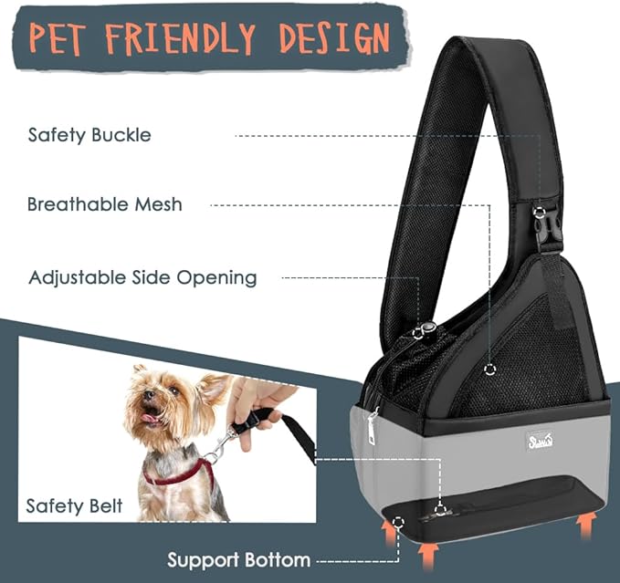 SlowTon Pet Dog Sling Carrier, Hands Free Hard Bottom Papoose Small Animal Puppy Up to 6 lbs Travel Bag Tote Breathable Mesh Support Adjustable Padded Strap Pocket Safety Belt(Widened Black)