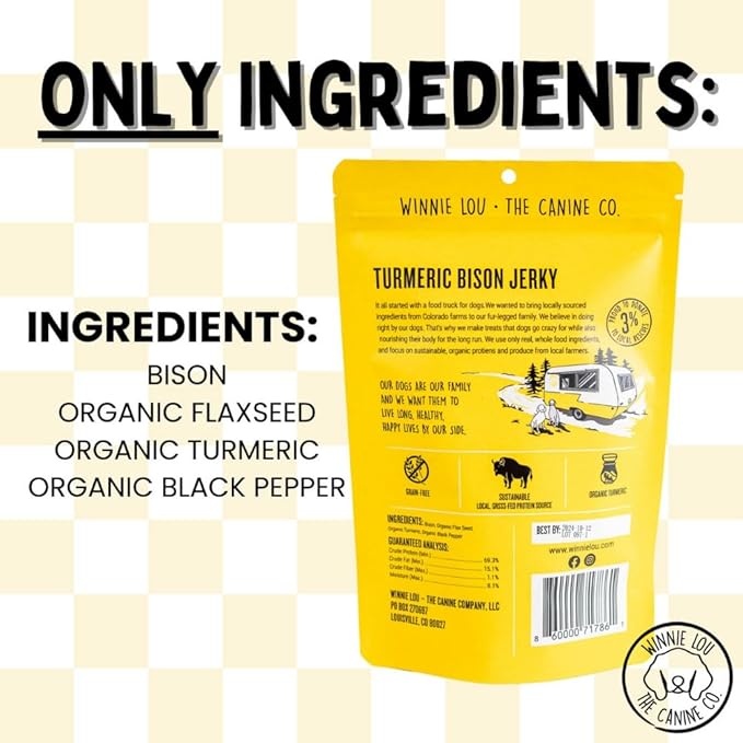 Winnie Lou Turmeric Bison Jerky Dog Treats – Limited Ingredient, Human Grade, Training Treats for Small, Medium & Large Dogs, Made in USA (1 Pack)