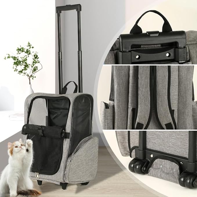 Pet Trolley Bag Cat Dog Travel Bag Portable & Breathable Pet Carrier Backpack - Lightweight Dual-Shoulder Design for Easy Travel with Your Beloved Companion Scalable Pull Rod pet Bag (Black)