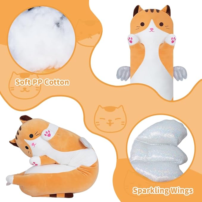 Long Cat Plush Body Pillow, Cute Cat Plush Toy Pillows with Wings, Stuffed Animals Kitten Soft Plushies Gifts for Kids Girls Girlfriend(Yellow, 43.3in/110cm)