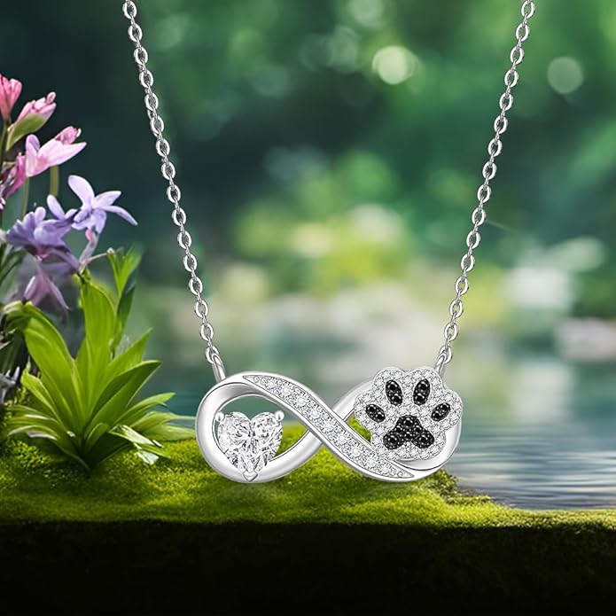 Infinity Paw Print Necklace for Women Sterling Silver Heart Cat Dog Paw Necklace Pawprint Necklaces Pendant Jewelry Christmas Mothers Day Gifts