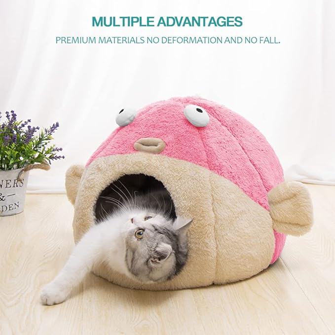 Cat Beds for Indoor Cats - Cat Bed Cave with Removable Washable Cushioned Pillow, Soft Plush Premium Cotton No Deformation Pet Bed, Lively Pufferfish Cat House Design, Pink, Multiple Sizes(S)