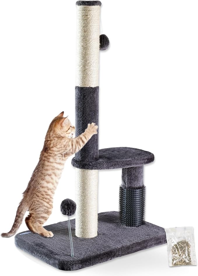 Happi N Pets 34“ Tall Cat Scratching Post for Big Cats, Natural Sisal Cat Scratchers for Indoor Cats, Heavy Duty Cat Stands Featuring with Cat Self Groomer and Hanging Toys, Free Catnip-Gray