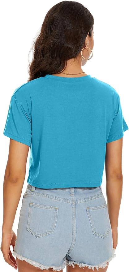 Womens Summer Crop Tops Short Sleeve Round Neck T-Shirts Loose Fit Casual Blouse