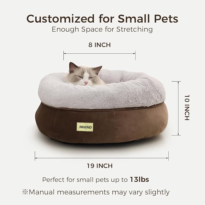 Cat Bed for Indoor Cats,Round Cat Bed for Small Pets,Washable Pet Bed with Non-Skid Bottom,Pet Bed for Puppy and Kitty,19 Inches,Brown