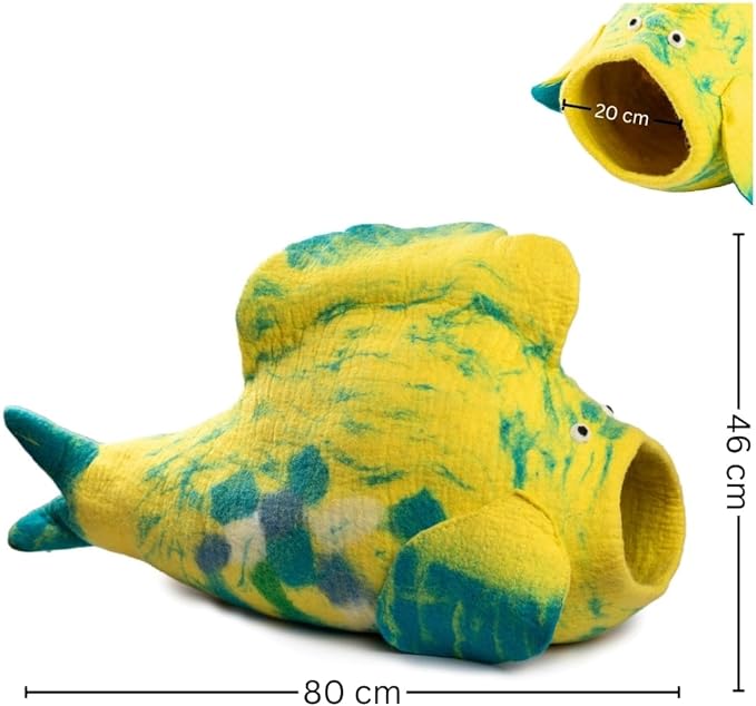 Luxurious Eco-Friendly Merino Wool Cat Cave Bed Fish Design - Foldable Hideaway Pod for Indoor Cats - Premium Felt Kitten Beds - Covered Cat House for Ultimate Cozy Comfort by Woolygon