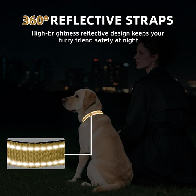 Reflective Dog Collar, Soft Neoprene Padded Nylon Pet Collar with Quick-Release Buckle, Adjustable for Mediunm Dogs,Khaki,M, 3/4" Width