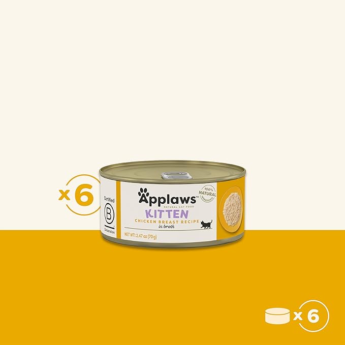 Applaws Natural Wet Kitten Food, Limited Ingredient, Grain-Free, Protein with No Artificial Additives, Chicken Breast in Broth (6 x 2.47oz Cans)