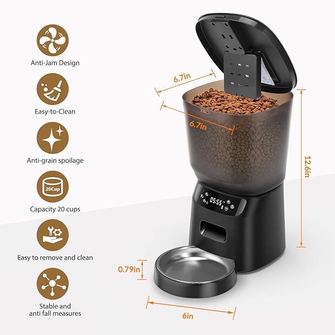 Automatic Cat Feeder, Cat Food Dispenser with Stainless Steel Bowl, Timed Portion Control 20 Portions 6 Meals Per Day, Voice Recorder, Dual Power Supply for Small Dogs (Black)