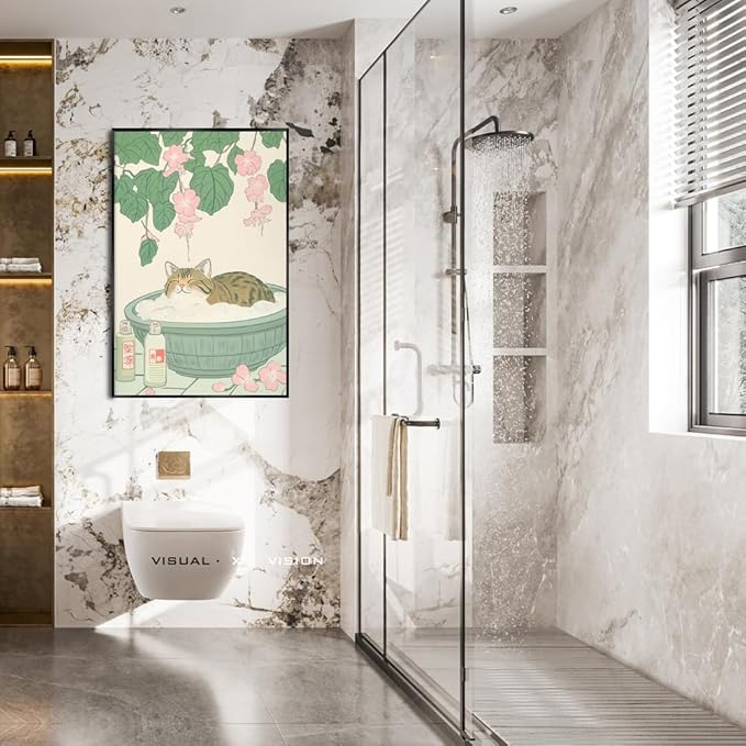 Vintage Tabby Cat in Bathtub Wall Art Funny Japanese Poster Print Relaxation Decor Cute Animal Pet Canvas Neutral Japan Painting for Bathroom Dorm Room Home Aesthetic 24x36inch Metal Black Frame