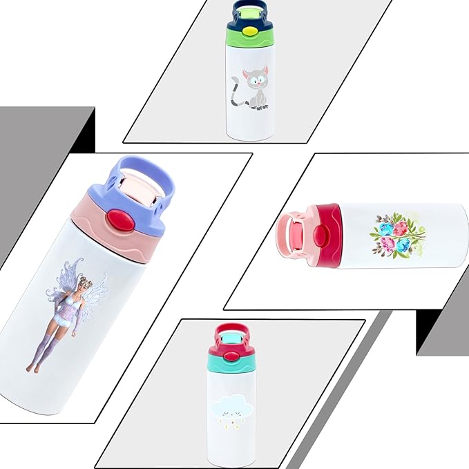 4 Pcs Sublimation Blank Stainless Steel water bottle 12 OZ Straight Stainless Steel Insulated Tumblers Different Color Splash-Proof Lid Shatterproof Water Cup