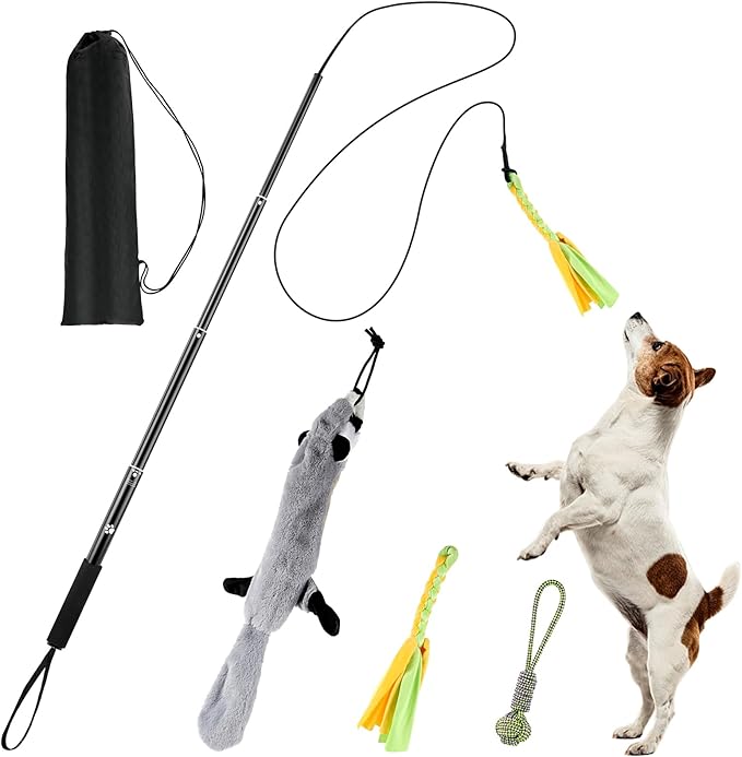 Flirt Pole for Dogs, Extendable Dog Flirt Pole with Detachable Interactive Toys Teaser Wand with Lure Chewing Toy for Outdoor Exercise & Training Interactive Toys Heavy Duty Dog Toy