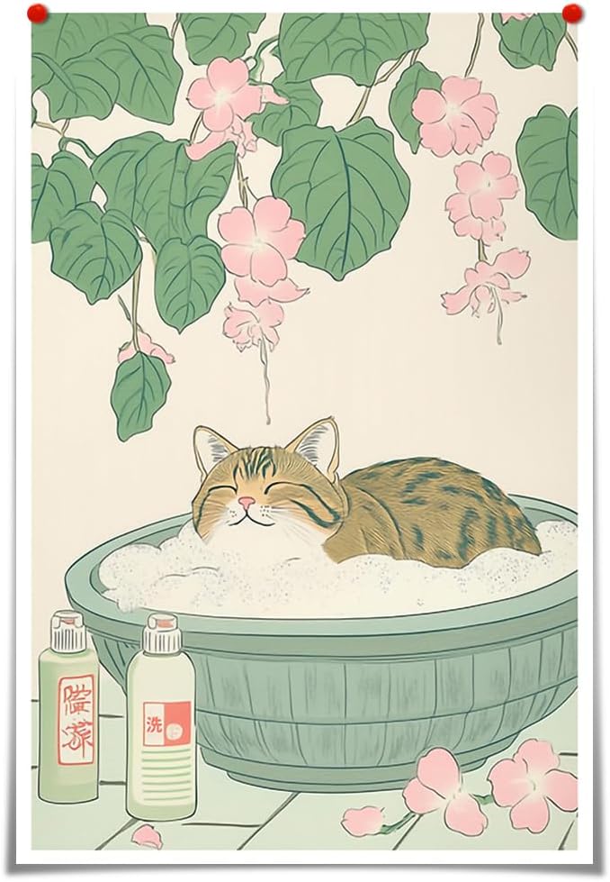 Vintage Tabby Cat in Bathtub Wall Art Funny Japanese Poster Print Relaxation Decor Cute Animal Pet Canvas Neutral Japan Painting for Bathroom Dorm Living Room Home Aesthetic 16x24inch Unframed