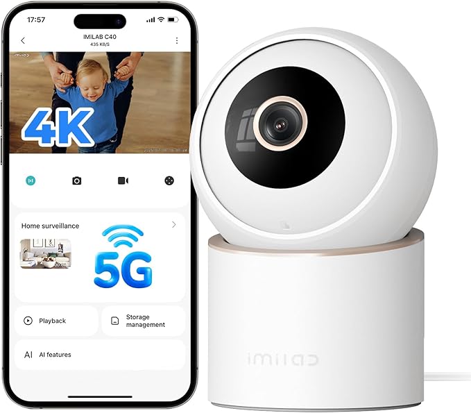IMILAB C40 4K Indoor Security Camera, Room Camera for Kid/Baby/Pet, 5G WiFi Pan/Tilt Indoor Cam/Person Pet Track, Powerful AI Detection, Color Night Vision, SD/Cloud Storage, Easy Pairing, Plug in.