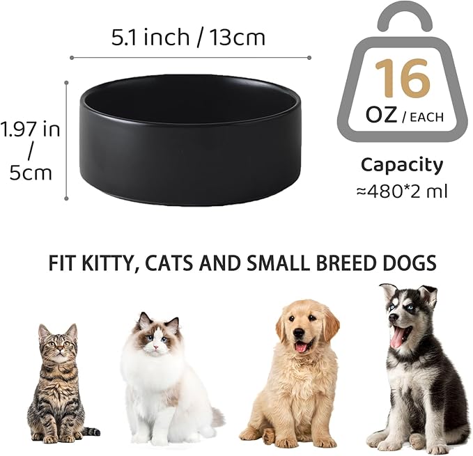 Ceramic Set of 2 Dog and Cat Bowls - Classic Food & Water Bowl for Kitty, Cats and Toy Breed Dogs, Weighted Dog Dishes, Food Grade Pet Bowl, Dishwasher & Microwave Safe (5.1'', 2*16OZ, Black)