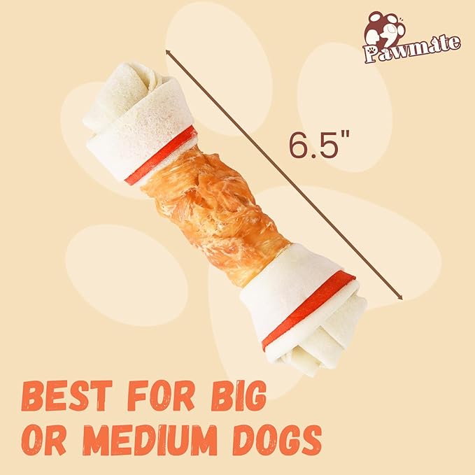 Dog Treats Large Breed, Chicken Wrapped Rawhide Bones 6.5'', Large Size Long Lasting Dog Chews with Taurine, Teeth Cleaning Training Treats Snacks for Medium Large Dogs, 4 Counts, 10.6 oz