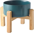 6'' Ceramic Raised Dog Bowl - 30Oz Dog Food & Water Bowl with Elevated Non-Slip Bamboo Stand, Dishwasher & Microwave Safe, Anti Vomiting Heavy Duty Pet Bowl for Small and Medium Dogs, Green