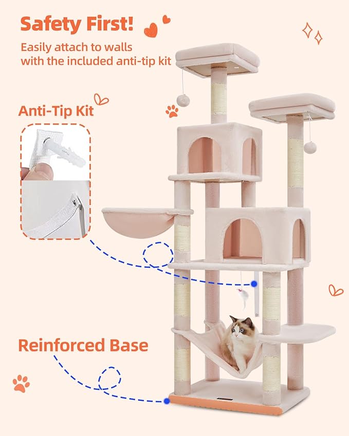Taoqimiao Cat Tree, 66.2-Inch Cat Tower for Indoor Cats, Plush Multi-Level Cat Condo with 12 Scratching Posts, 2 Perches, 2 Caves, Hammock, 2 Pompoms, Jelly Pink MS013P