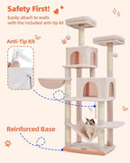 Taoqimiao Cat Tree, 66.2-Inch Cat Tower for Indoor Cats, Plush Multi-Level Cat Condo with 12 Scratching Posts, 2 Perches, 2 Caves, Hammock, 2 Pompoms, Jelly Pink MS013P