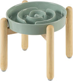 8.2inch Ceramic Raised Slow Feeder Dog Bowl Set, Elevated Wooden Stand for Large and Medium Dog, Puzzle Slow Dish, Anti-Gulping(Light Green, Single Bowl+ Stand)