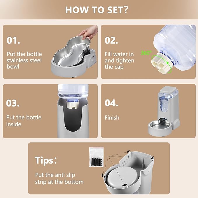 Automatic Cat Feeder Water Dispenser with Stainless Steel Bowl Dog Gravity Food Waterer for Small Medium Pets 1 Pack (Dark Grey)