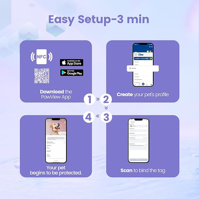 Dog ID Tag with QR Code & NFC, Silent Silicone Dog Name Tags Personalized for Pets- Scan QR for Instant Location Alert, Emergency Contact and Modifiable Pet Profile (Purple)