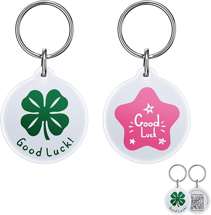 QR Code Pet ID Tags for Dogs & Cats [2-Pack] Luck Charm Design, Waterproof, Smart Personalized Dog Tags with Modifiable Profile & Emergency Contact, QR for Instant Location Alerts