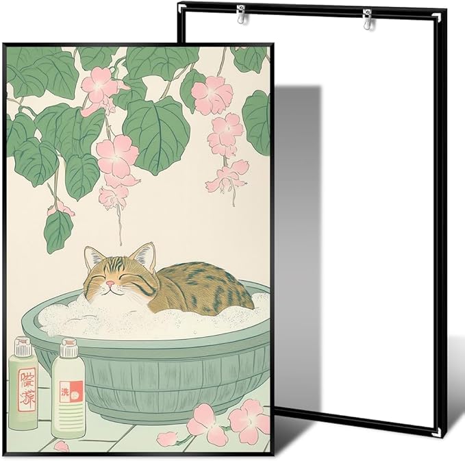 Vintage Tabby Cat in Bathtub Wall Art Funny Japanese Poster Print Relaxation Decor Cute Animal Pet Canvas Neutral Japan Painting for Bathroom Dorm Room Home Aesthetic 20x30inch Metal Black Frame