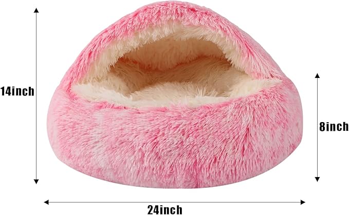 Round Hooded Cat Bed & Dog Bed with Cover Cave, Dog Bed for Small Dogs, Faux Fur Cuddler Round Coved Cat Bed Self Warming Donut Dog Bed Fits up to 22 lbs Pets (Pink, 24inch x 24inch)