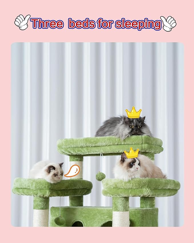 Cat Tree for Indoor Cats Large Adult, 74" Cat Tower with 3 Big Platforms, 2 Baskets, 2 Condos, Multi-Level Cat Scratching Posts, Green GCT030GR