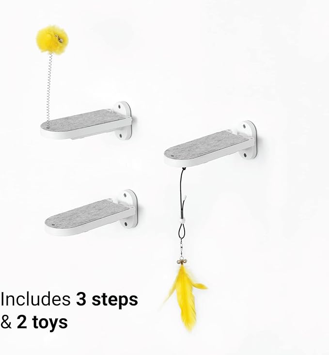 SVD.PET (3-PACK Cat Wall Steps, Cat Climbing Stairs with Replaceable Felt Pad, Cat Climbing Shelves for Wall Mounted with Cat Toy, Cat wall furniture for Kitten, Medium and Large Cats (White)