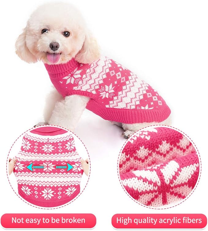 KOOLTAIL Cable Knit Dog Sweater Turtleneck, Cold Weather Pullover Classic Knitwear, Snowflake Pattern Thick Warm Winter Pet Clothes, Dog Christmas Sweater for Small Medium Large Dogs Girl, Pink S