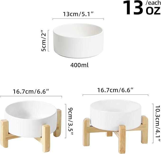Ceramic Raised Dog and Cat Bowl Set, 2 Heights Elevated Stand, Food and Water Bowl for Small Breed Dogs, Cats, Kitty, Weighted Dog Dishes, Pet Bowls(5.1'',13.5oz, White)