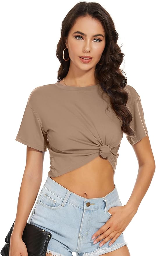 Womens Summer Crop Tops Short Sleeve Round Neck T-Shirts Loose Fit Casual Blouse