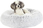 Bedfolks Calming Donut Dog Bed, 23 Inches Round Fluffy Dog Beds for Small Dogs, Machine Washable Anti-Anxiety Plush Puppy Bed（Light Grey, Small）