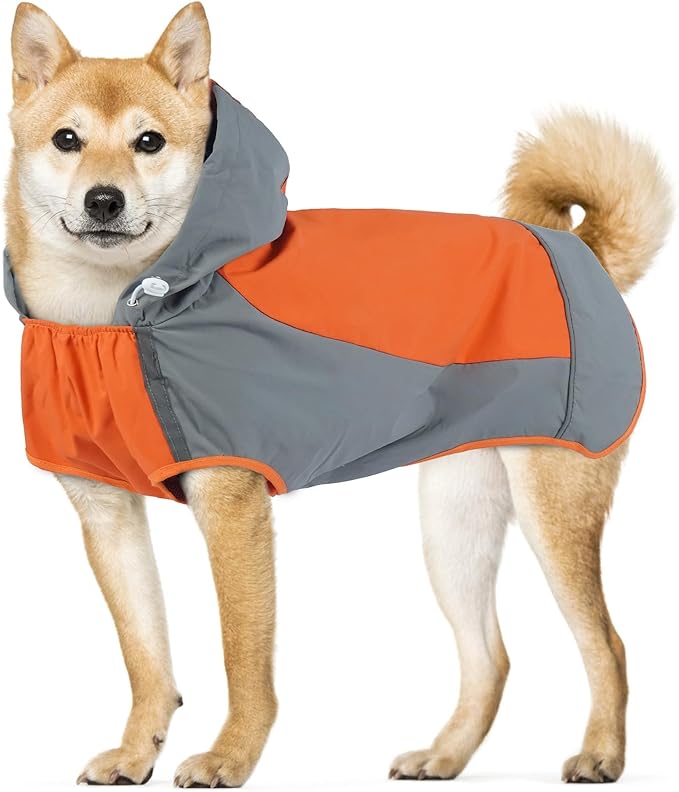 IECOii Large Dog Raincoat Waterproof,Hooded Rain Jacket Keep Dog Dry in Wet Weather,Reflective Rain Poncho Clothes with Convenient Leash Hole/Adjustable Magic Sticker/Easy On and Off/,Orange,Large