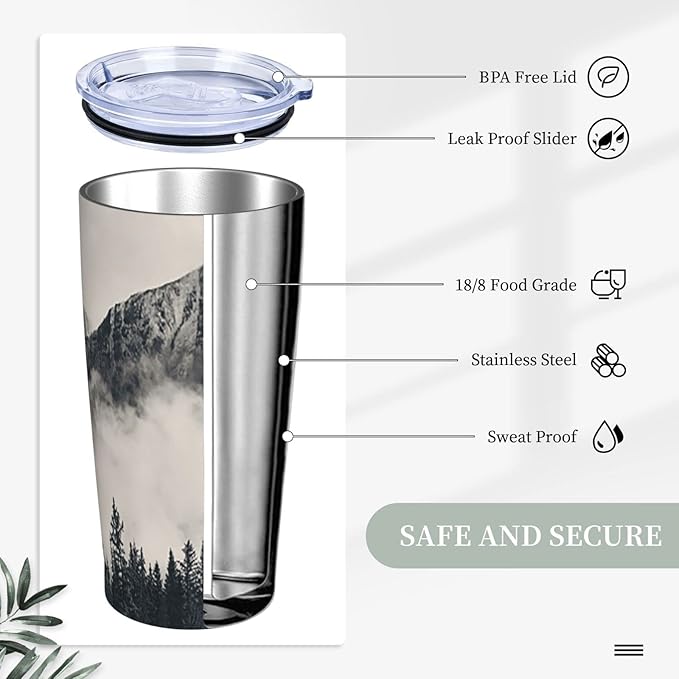 Dujiea 20oz Tumbler With Lid And Straw, Foggy Mountains And Trees Vacuum Insulated Iced Coffee Mug Reusable Travel Cup Stainless Steel Water Bottle