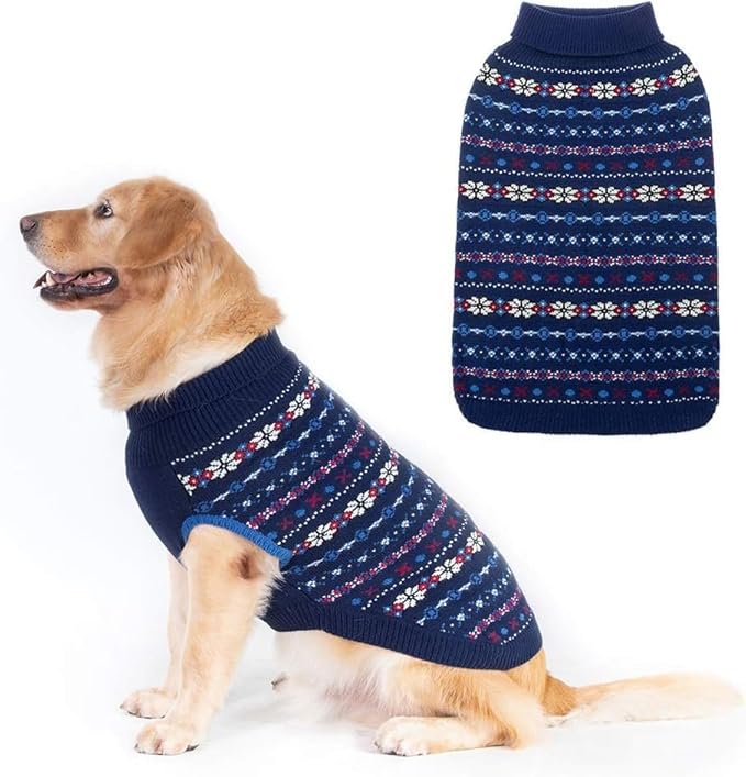 BINGPET Dog Sweaters for Medium Dogs,Winter Dog Sweater Warm Clothes Boys Girls with Leash Hole,Classic Snowflake Doggy Knitwear Clothes,Ideal Gift for Pet in New Year(Navy, Medium)