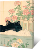 Relaxation Japanese Poster Print Cute Black Cat Wall Art Decor Bathtub Pink Flowers and Green Leaves Picture Canvas Minimalist Japan Artwork for Bathroom Bedroom Toilet Kids Room 12x16inch Framed