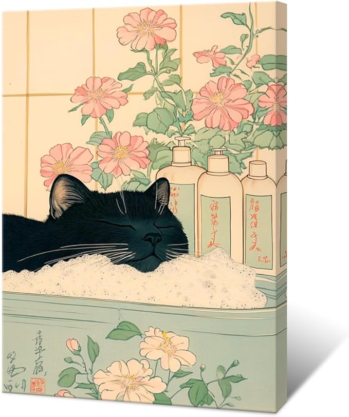 Relaxation Japanese Poster Print Cute Black Cat Wall Art Decor Bathtub Pink Flowers and Green Leaves Picture Canvas Minimalist Japan Artwork for Bathroom Bedroom Toilet Kids Room 12x16inch Framed