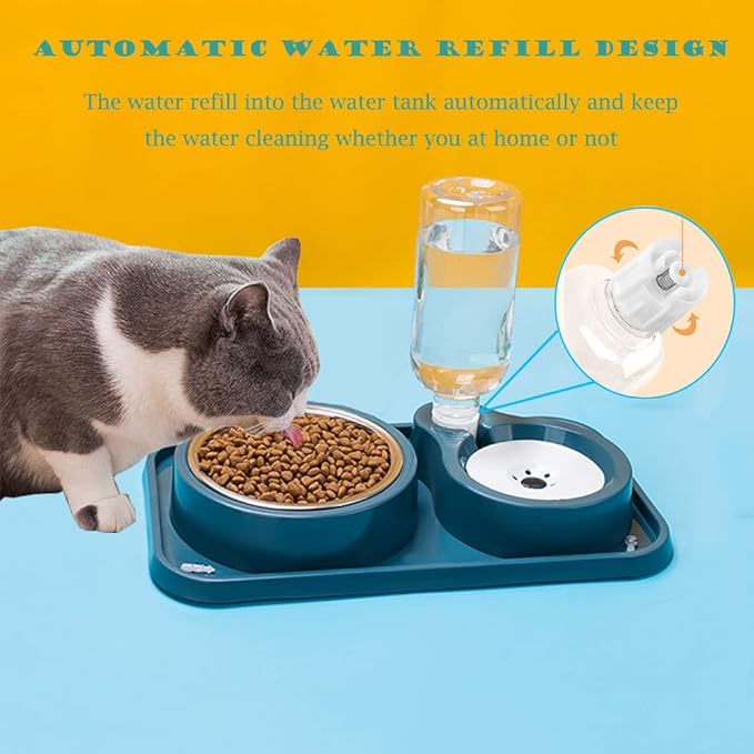 Double Dog Cat Bowl Set with Automatic Water Dispenser, Stainless Steel, Anti-Slip and Anti-Spill Design for Multiple Pets